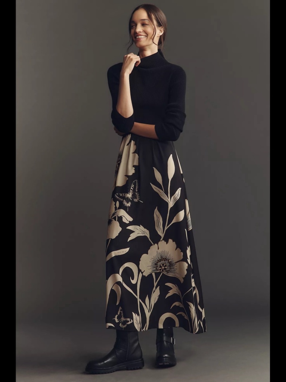 Anthropologie Black Floral The Thea Twofer Sweater Dress